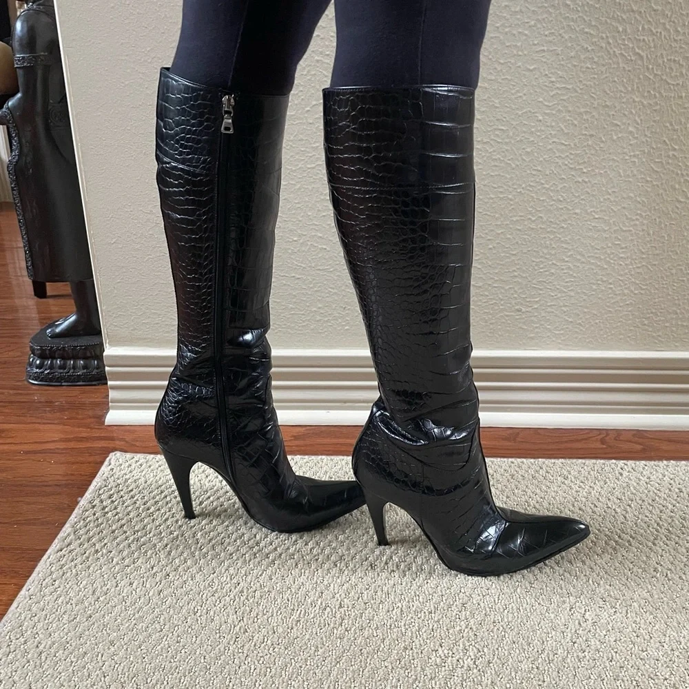 Prada Black Croc-Embossed Heeled Boots - Picture 2 of 10
